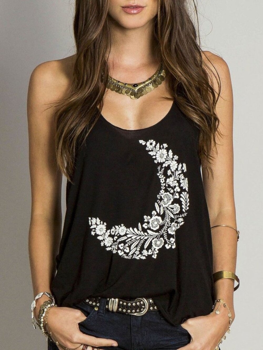 O'Neill Black Racerback Tank Top with White Floral Crescent Moon Large